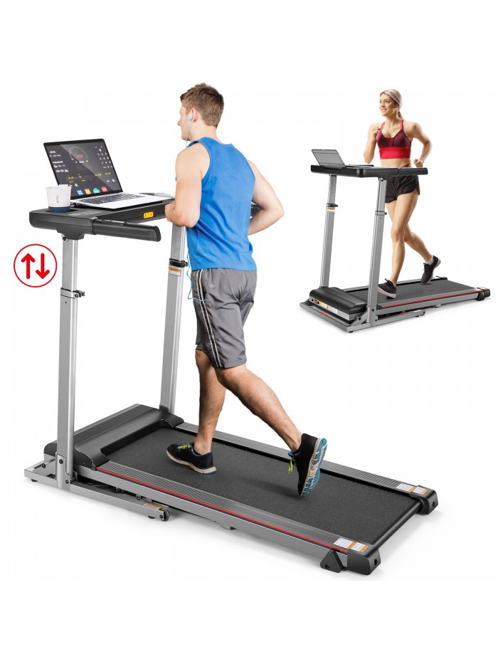 Tikmboex InclineTreadmill with Desk & Adjustable Height, 2.5 HP Folding Treadmill with APP, Bluetooth Speaker for Home Office, 300 LBS Weight Capacity