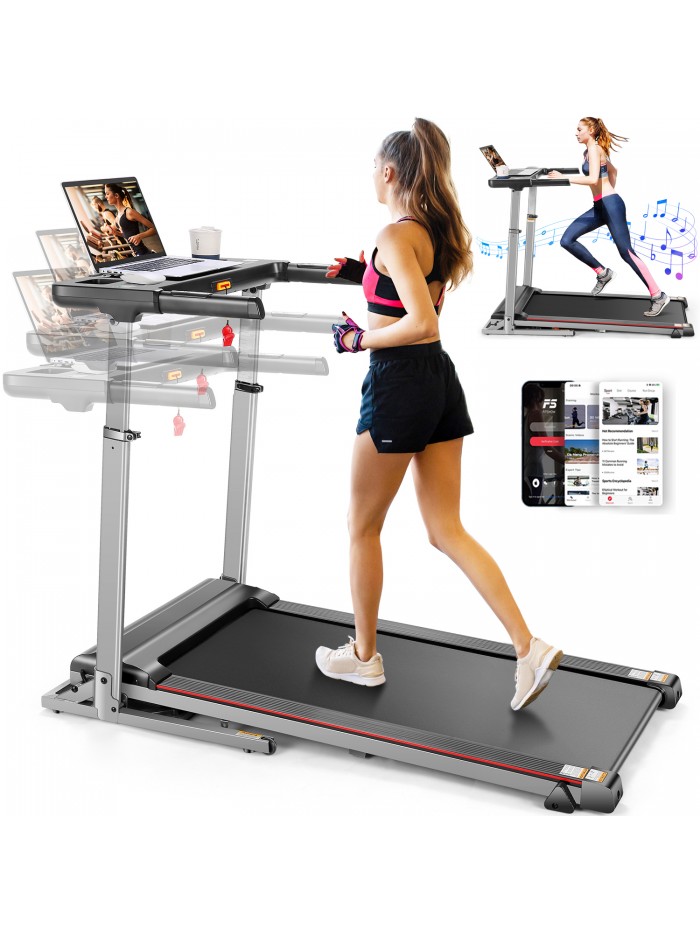 Treadmill with Desk — 2.5 HP Portable Folding Treadmill for Home, Running Machine with Incline & App, Bluetooth Speakers, LED Monitor and 64 Preset Programs